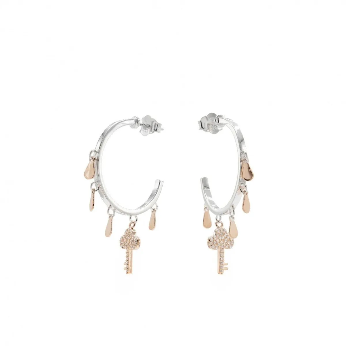 Pendientes aros con colgantes motivo lágrima y llave con circonitas