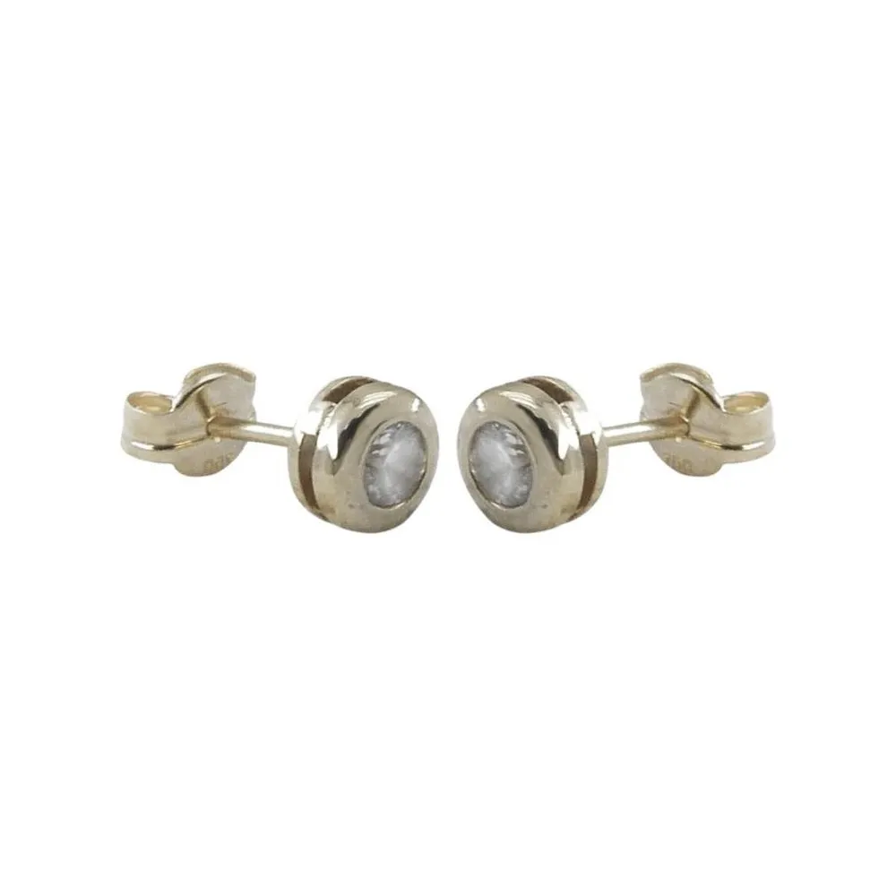 Pendientes de oro blanco 18k de chatón con circonita de 4mm y cierre de presión