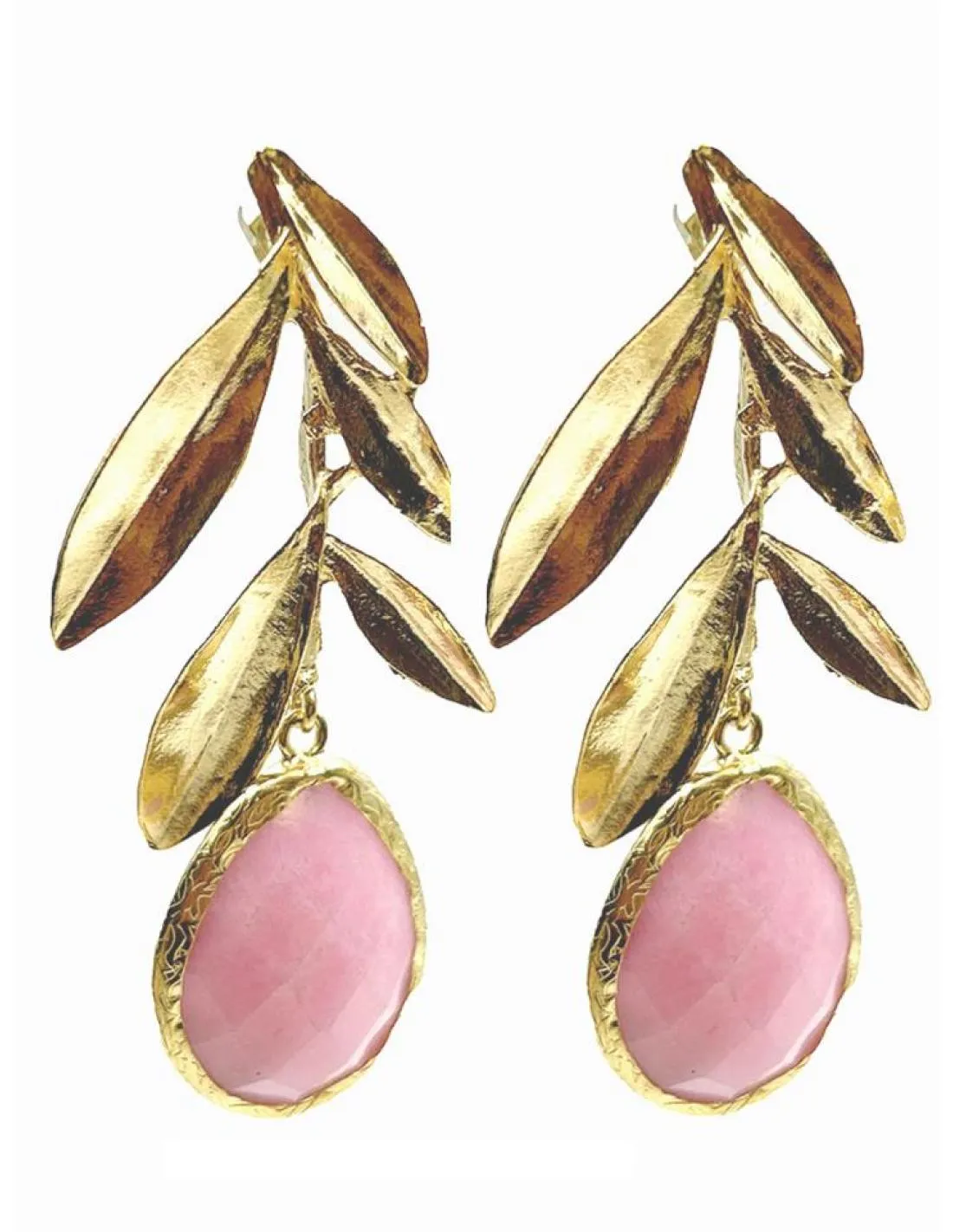 PENDIENTES LARGOS ROSAS CON HOJAS DORADAS PARA BODAS Y EVENTOS
