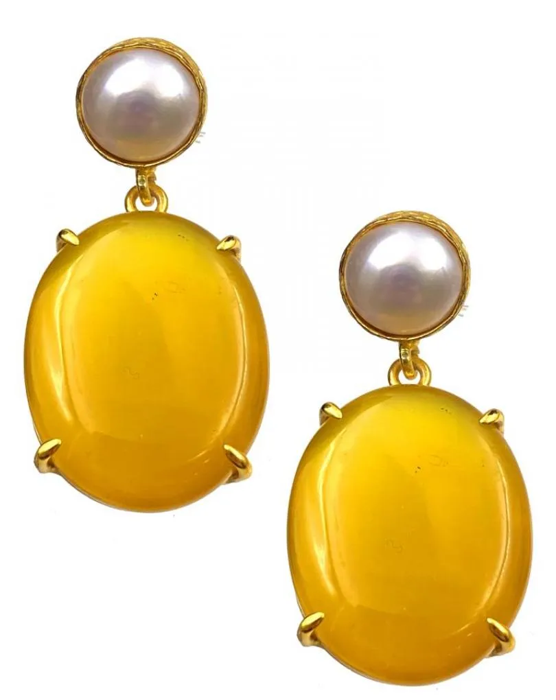 PENDIENTES MUJER DE PERLAS CON PIEDRAS EN AMARILLO MOSTAZA