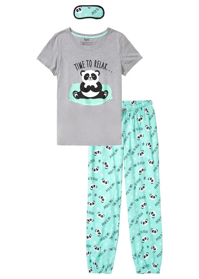 Pijama con antifaz Gris jaspeado-azul mentol estampado