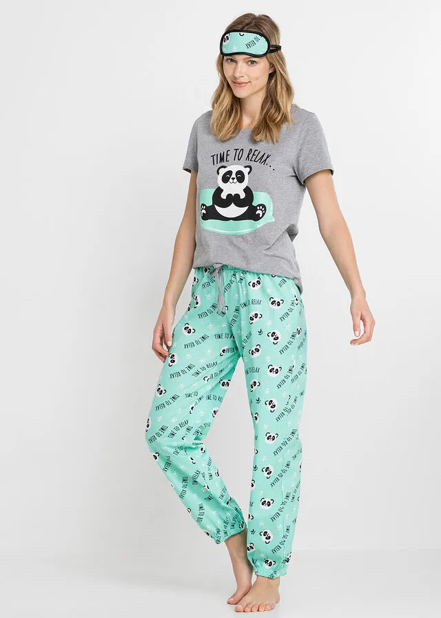 Pijama con antifaz Gris jaspeado-azul mentol estampado
