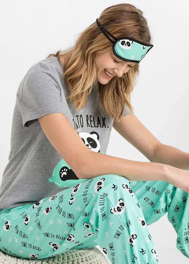 Pijama con antifaz Gris jaspeado-azul mentol estampado