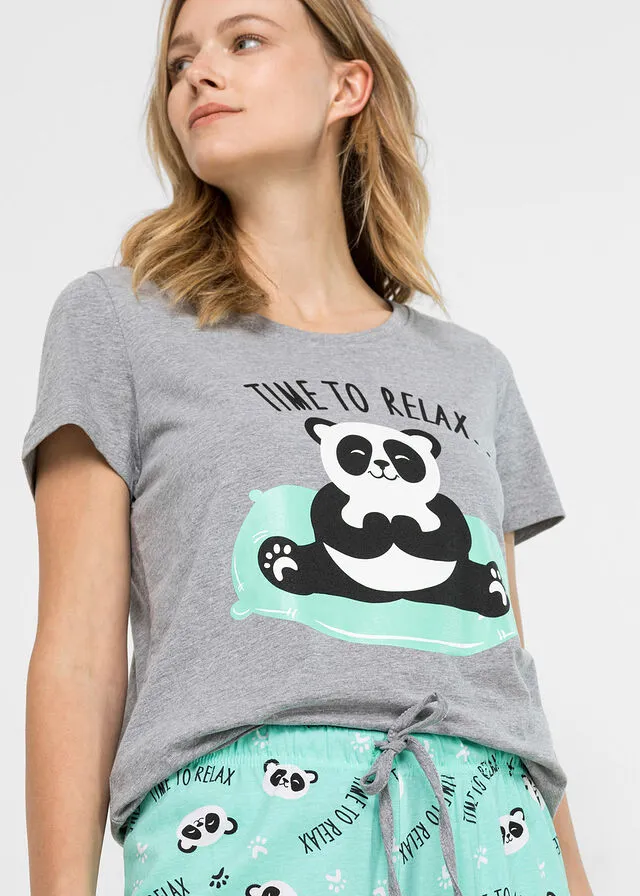 Pijama con antifaz Gris jaspeado-azul mentol estampado