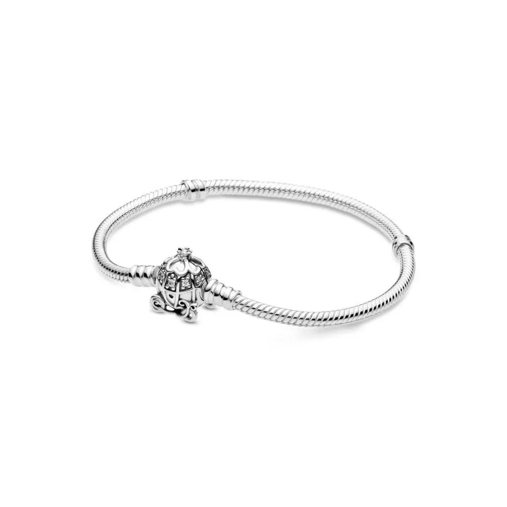 Pulsera Pandora de plata de ley con cadena de serpiente y cierre de coche Cenicienta con circonitas cúbicas