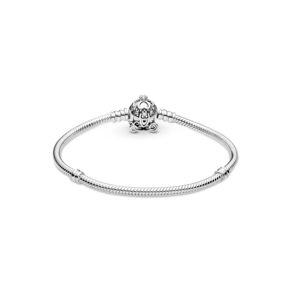 Pulsera Pandora de plata de ley con cadena de serpiente y cierre de coche Cenicienta con circonitas cúbicas
