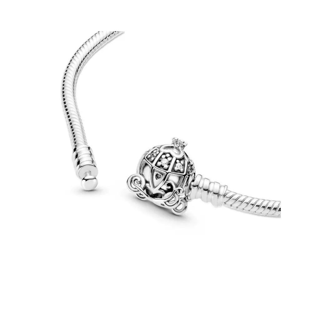 Pulsera Pandora de plata de ley con cadena de serpiente y cierre de coche Cenicienta con circonitas cúbicas