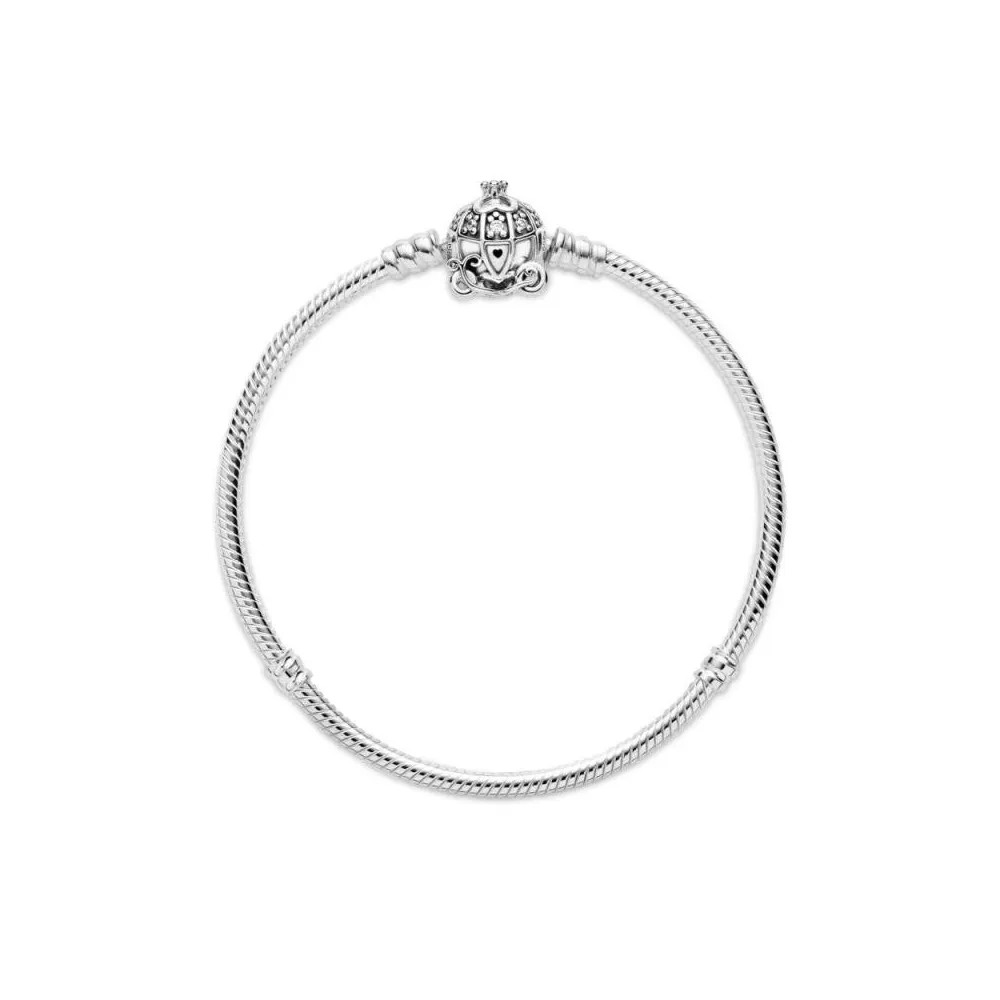 Pulsera Pandora de plata de ley con cadena de serpiente y cierre de coche Cenicienta con circonitas cúbicas