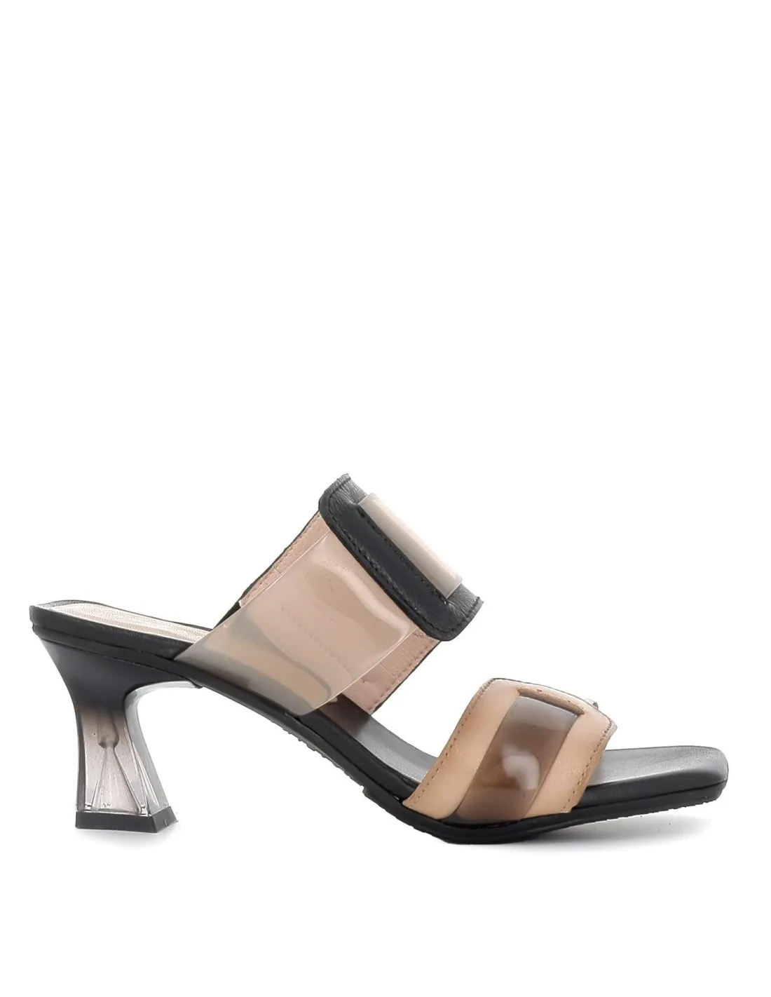 Sandalia vinilo con tacón para mujer negro y beige Hispanitas