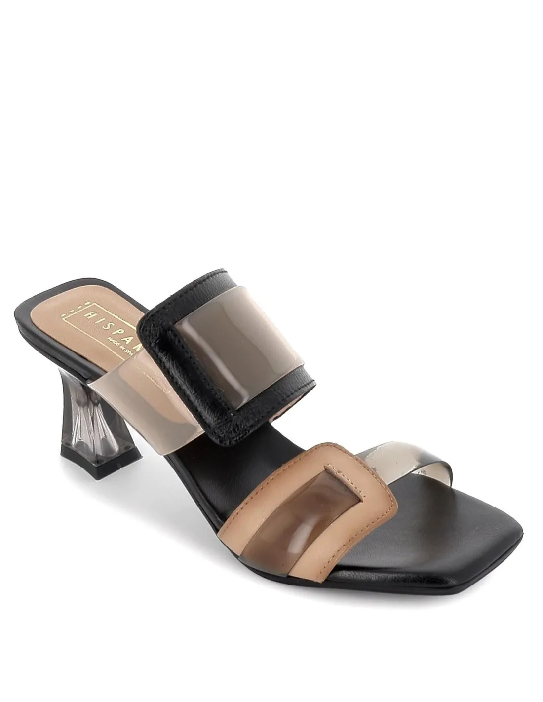Sandalia vinilo con tacón para mujer negro y beige Hispanitas