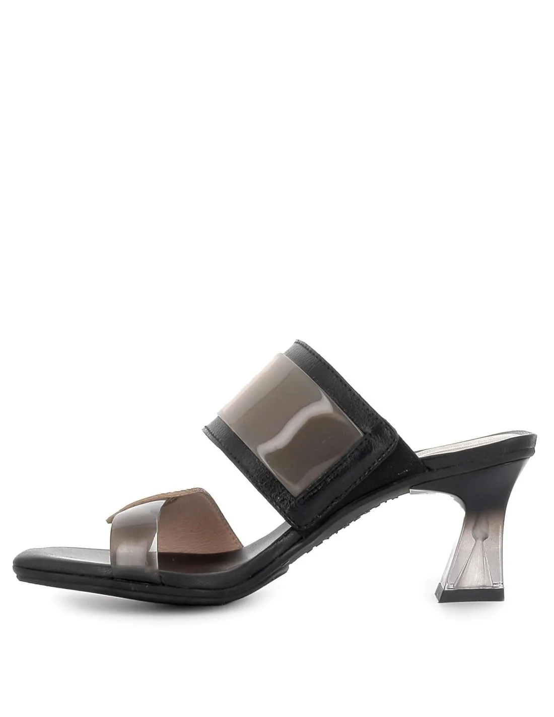 Sandalia vinilo con tacón para mujer negro y beige Hispanitas