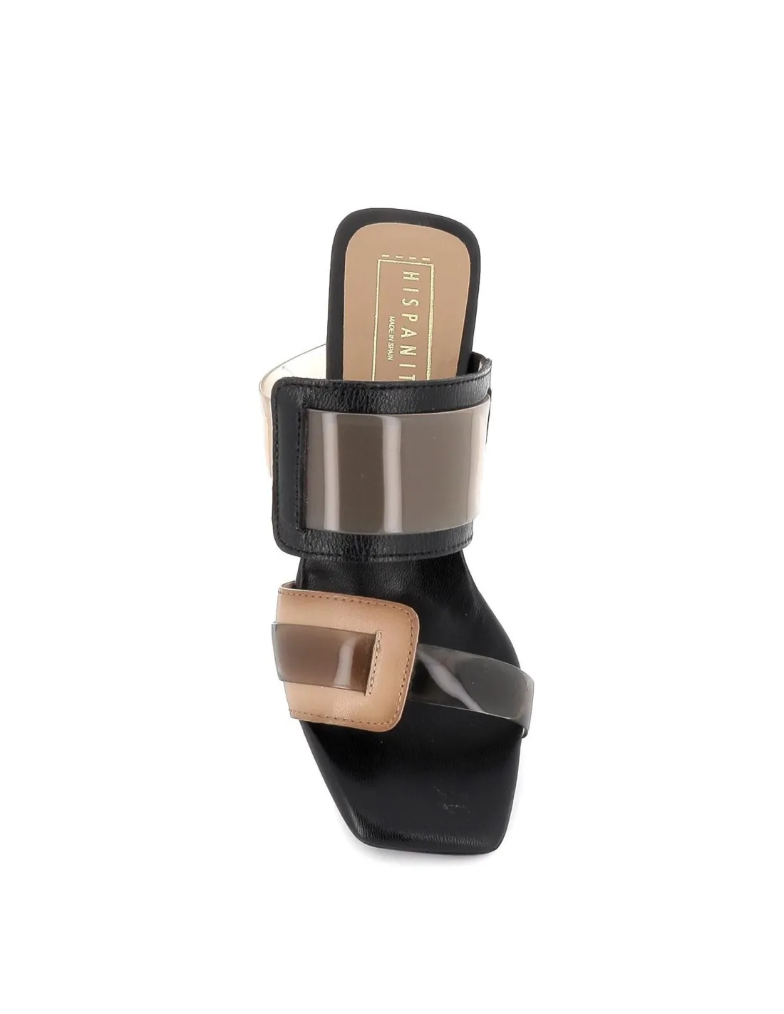 Sandalia vinilo con tacón para mujer negro y beige Hispanitas