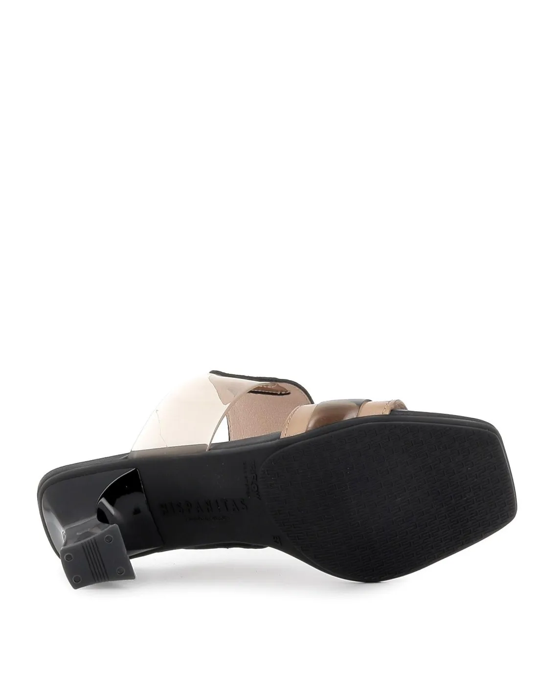 Sandalia vinilo con tacón para mujer negro y beige Hispanitas
