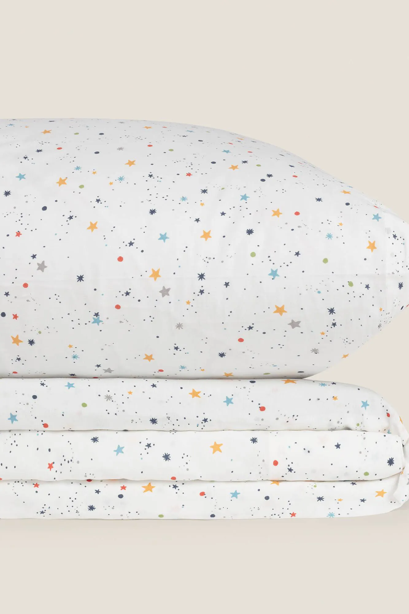 Set sábana encimera y funda de almohada niños algodón percal estrellas. Cama 80-90cm.