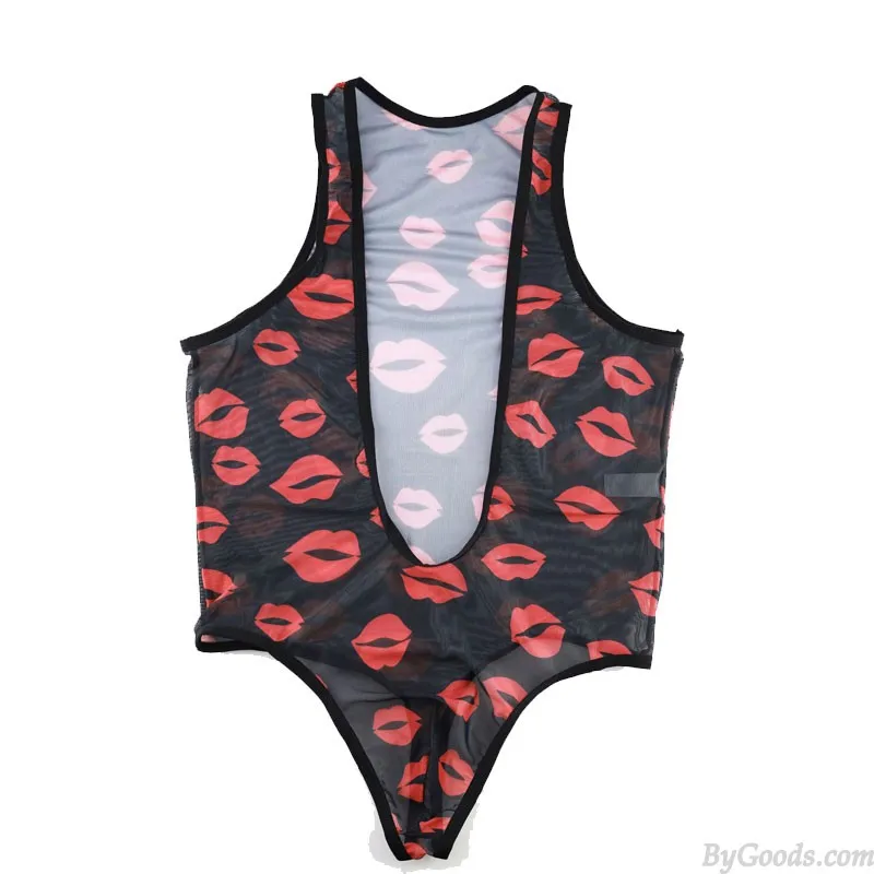  Sexy Lips Print Deep V Bodysuit Mens Jockstrap Leotard Mesh Rompers Tops Singlet Catsuits Jumpsuit One Piece Sissy Lingerie