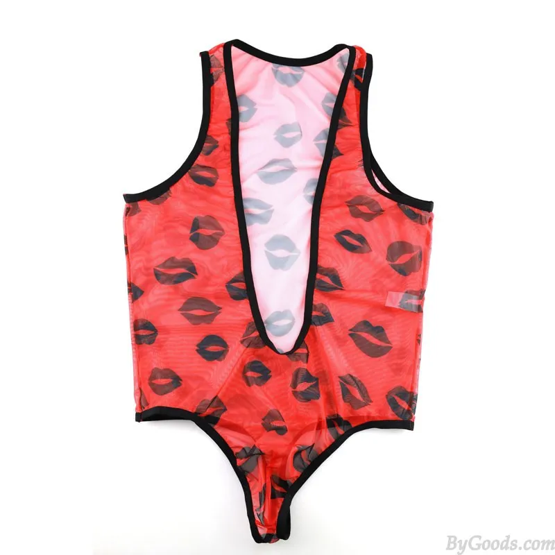  Sexy Lips Print Deep V Bodysuit Mens Jockstrap Leotard Mesh Rompers Tops Singlet Catsuits Jumpsuit One Piece Sissy Lingerie