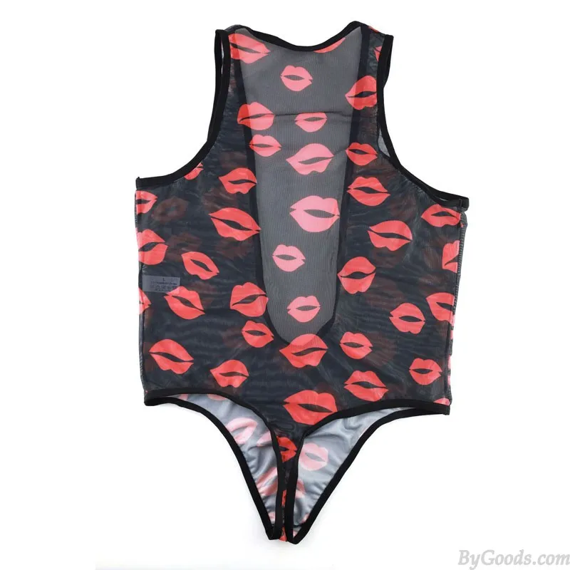  Sexy Lips Print Deep V Bodysuit Mens Jockstrap Leotard Mesh Rompers Tops Singlet Catsuits Jumpsuit One Piece Sissy Lingerie