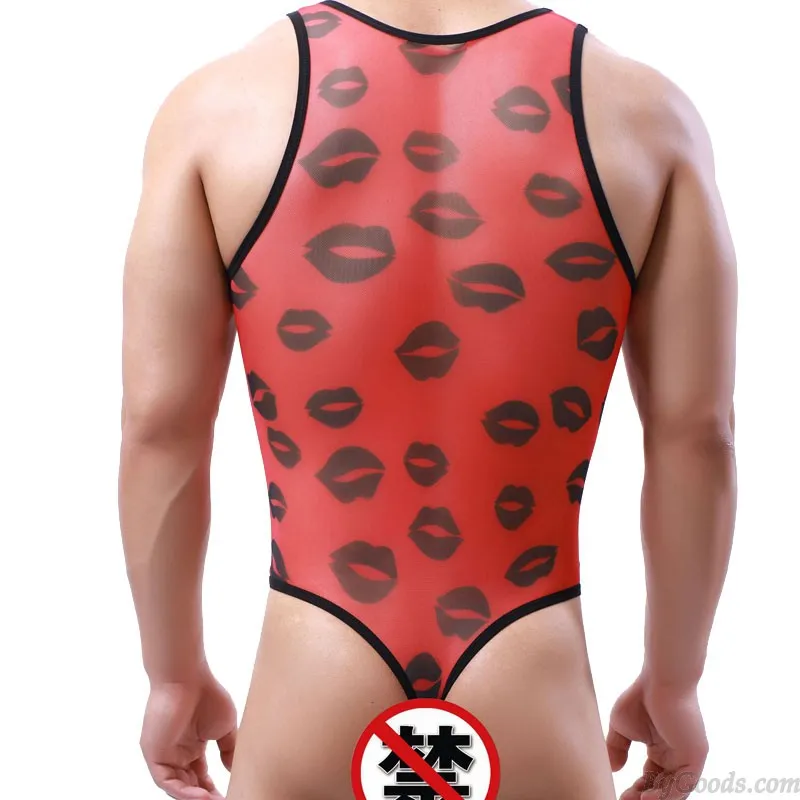  Sexy Lips Print Deep V Bodysuit Mens Jockstrap Leotard Mesh Rompers Tops Singlet Catsuits Jumpsuit One Piece Sissy Lingerie