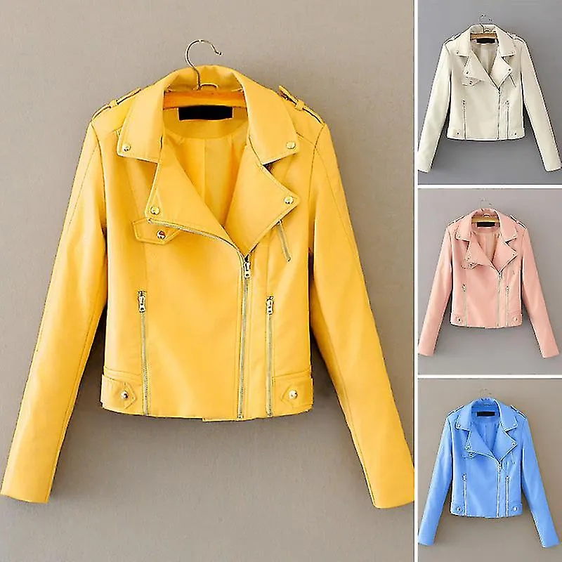 Solapa Manga Larga Cremallera Bolsillo Mujer Chaqueta Otoño Invierno Color Sólido Piel Sintética Chaqueta Chaqueta De Moto Abrig