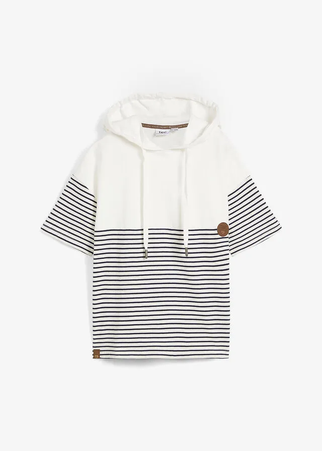 Sudadera con capucha Blanco lana-azul marino con rayas