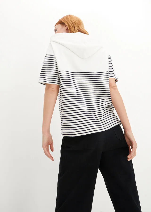 Sudadera con capucha Blanco lana-azul marino con rayas