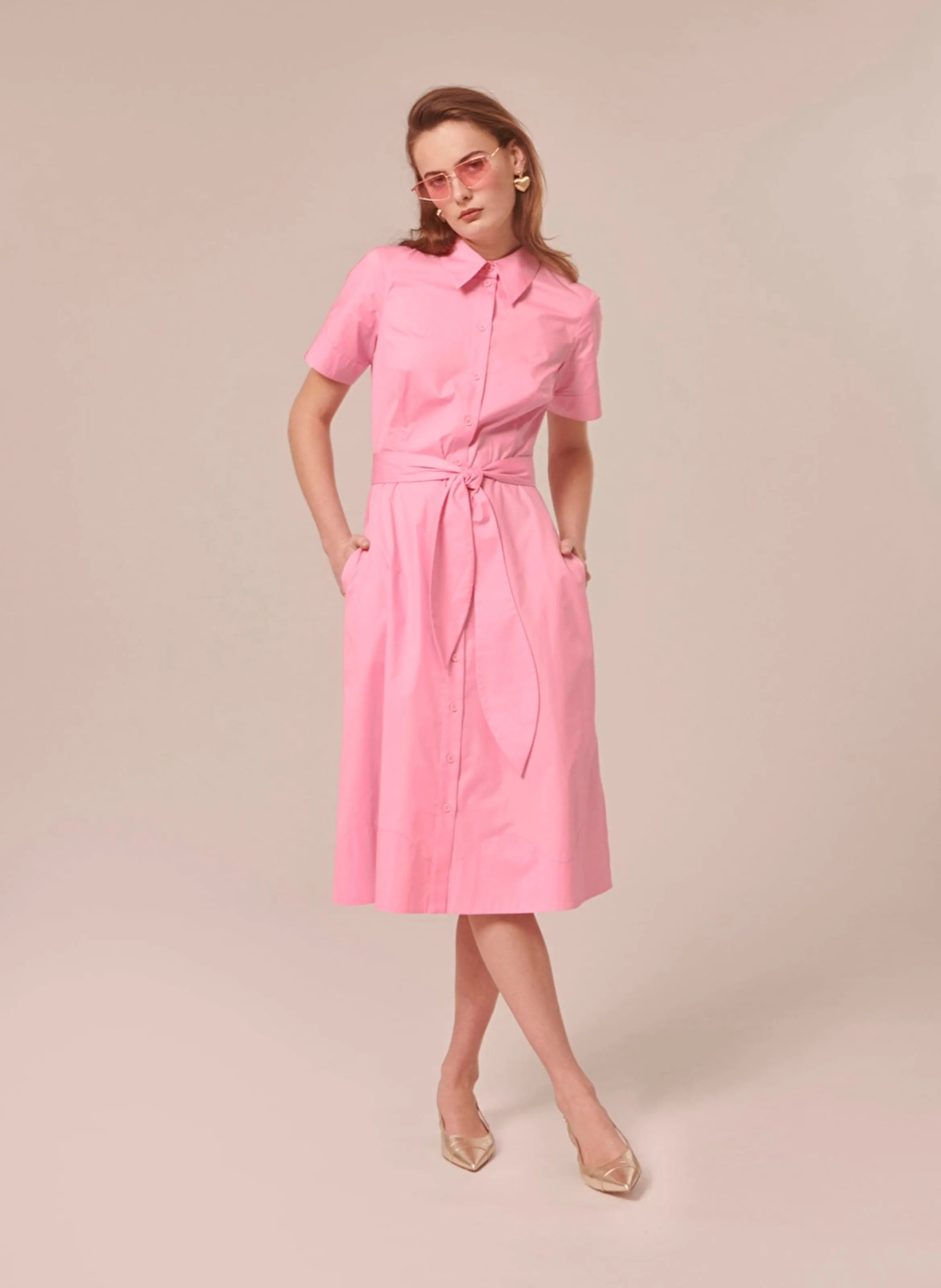 TARA JARMON RETRONIE - Vestido camisero midi de algodón orgánico en rosa