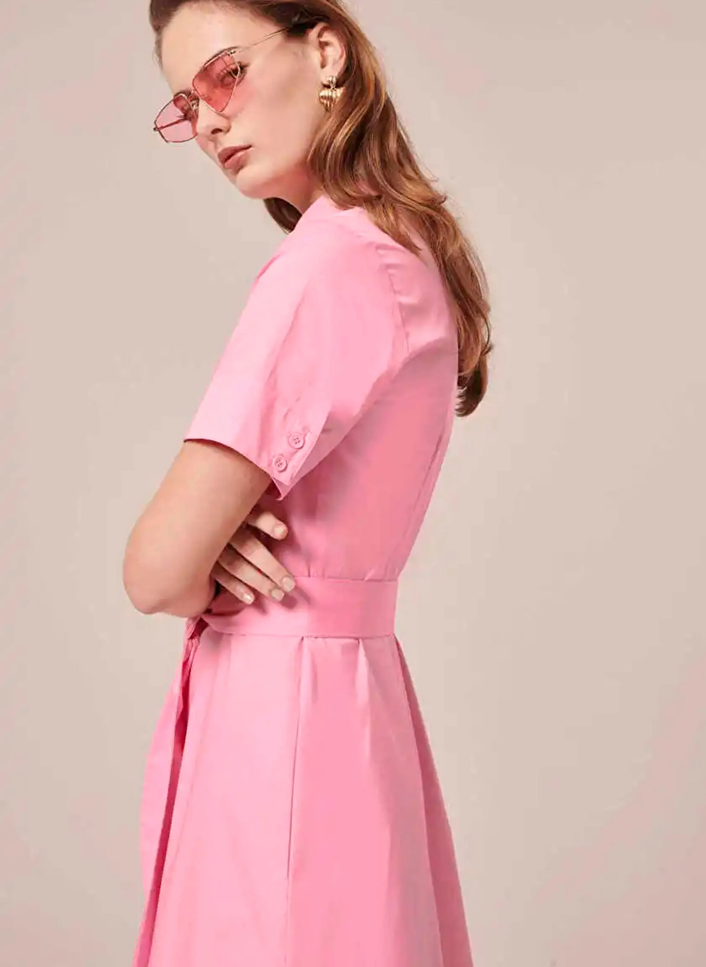 TARA JARMON RETRONIE - Vestido camisero midi de algodón orgánico en rosa