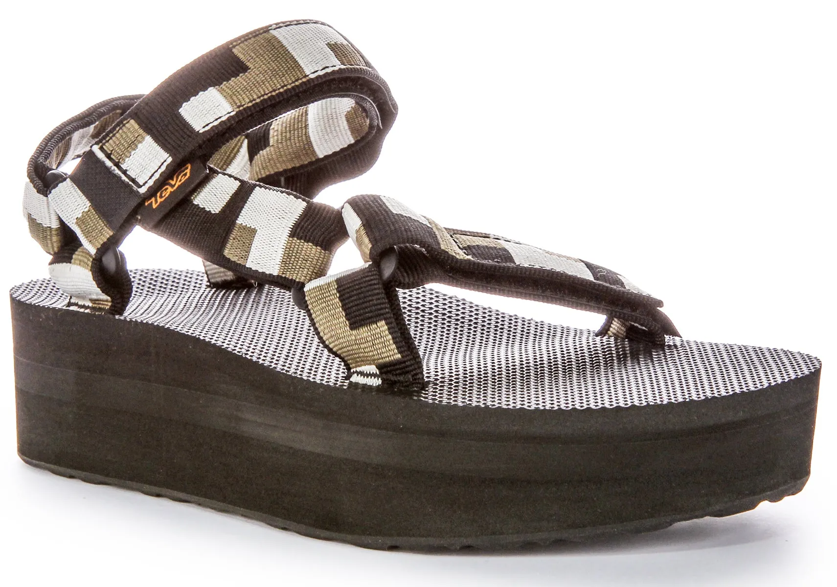 Teva Flatform Univ Open Toe & Back Strap Summer Sandalias veganas para mujer en negro oliva