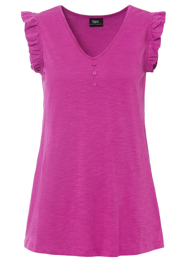 Top de hilo flameado de algodón con detalle de volante Fucsia oscuro