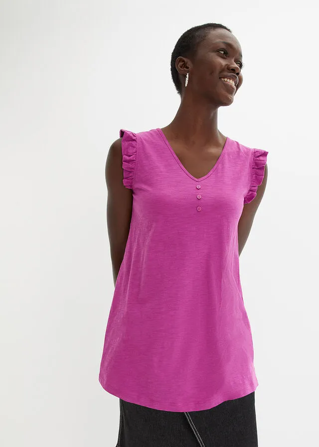 Top de hilo flameado de algodón con detalle de volante Fucsia oscuro