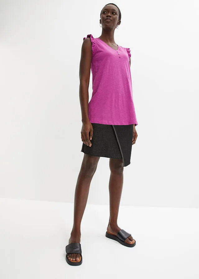 Top de hilo flameado de algodón con detalle de volante Fucsia oscuro