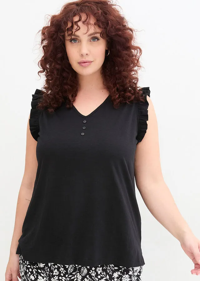 Top de hilo flameado de algodón con detalle de volante Negro