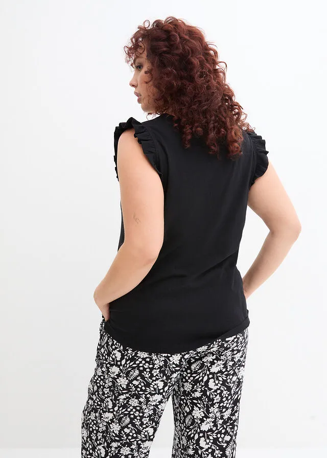 Top de hilo flameado de algodón con detalle de volante Negro