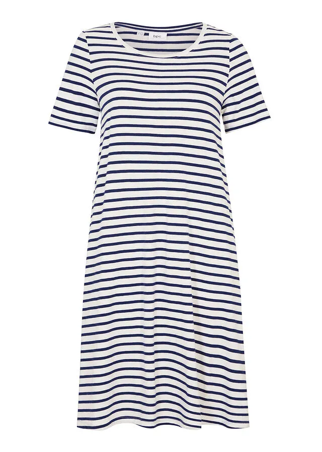 Vestido camisero de hilo flameado con bolsillos de algodón, hasta la rodilla Blanco lana-azul oxford de rayas