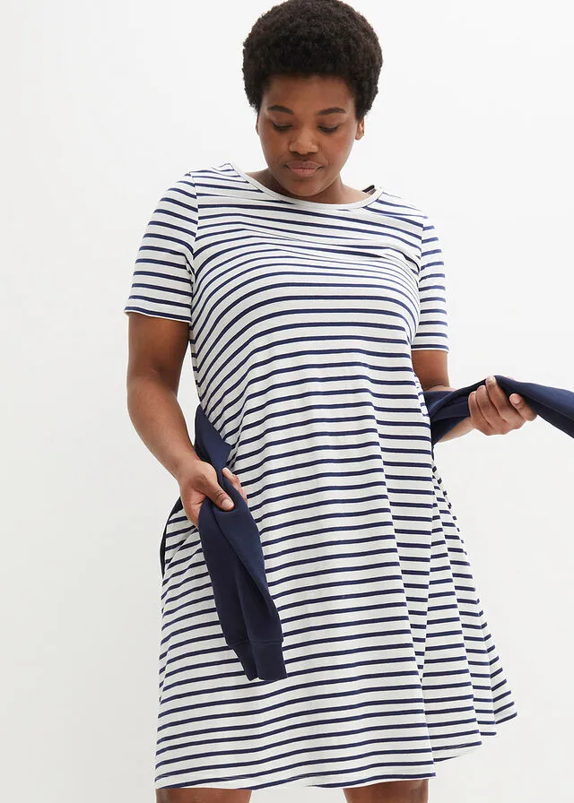 Vestido camisero de hilo flameado con bolsillos de algodón, hasta la rodilla Blanco lana-azul oxford de rayas