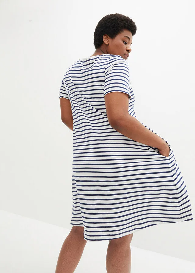 Vestido camisero de hilo flameado con bolsillos de algodón, hasta la rodilla Blanco lana-azul oxford de rayas