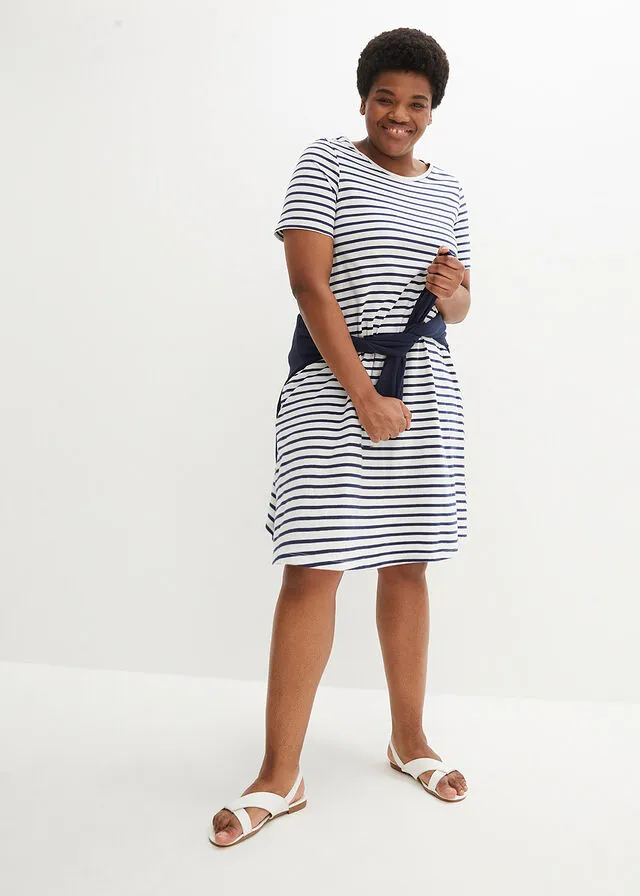 Vestido camisero de hilo flameado con bolsillos de algodón, hasta la rodilla Blanco lana-azul oxford de rayas