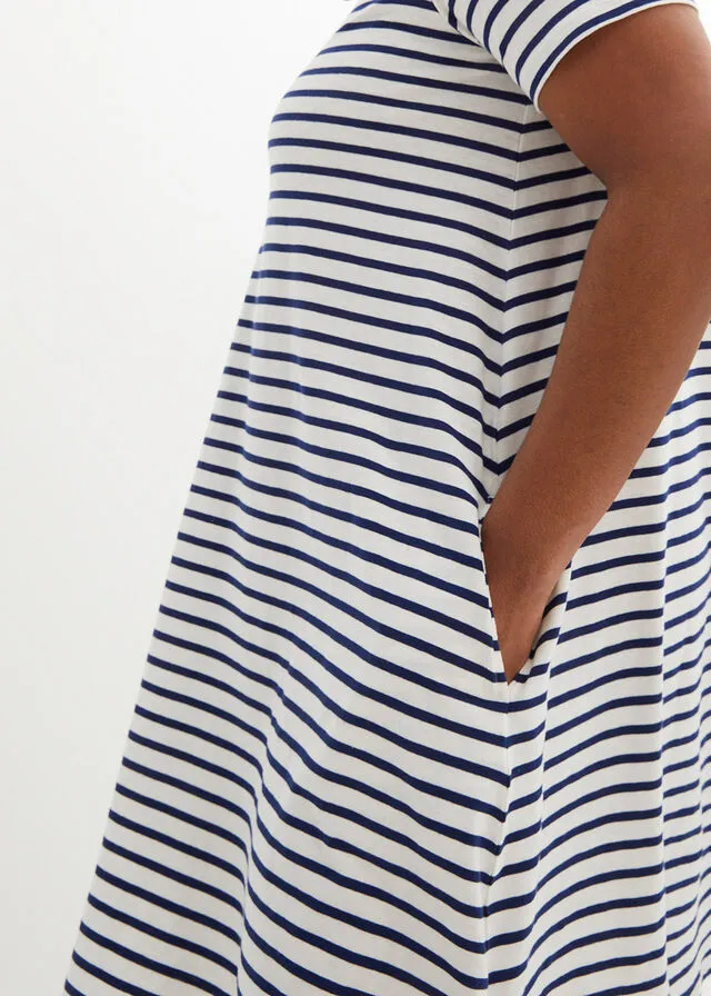 Vestido camisero de hilo flameado con bolsillos de algodón, hasta la rodilla Blanco lana-azul oxford de rayas