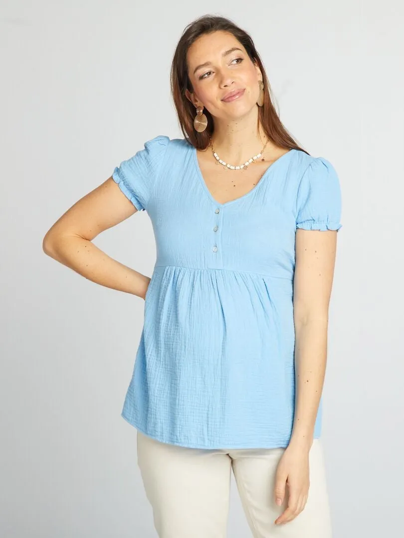 Vestido camisero premamá de gasa de algodón - AZUL