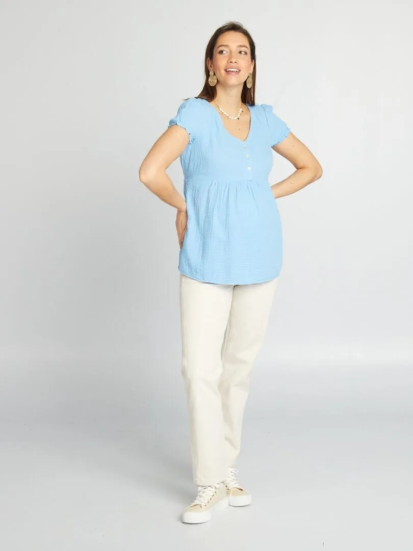Vestido camisero premamá de gasa de algodón - AZUL