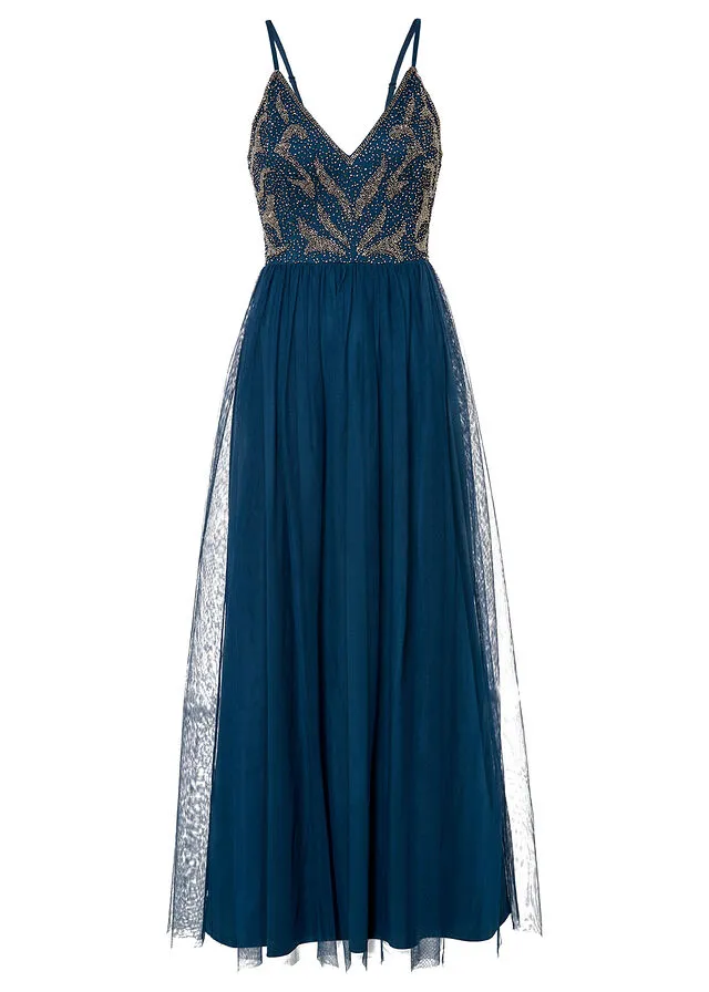 Vestido con aplicaciones de perlas Azul petróleo