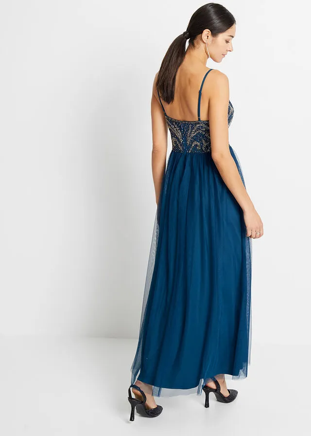 Vestido con aplicaciones de perlas Azul petróleo