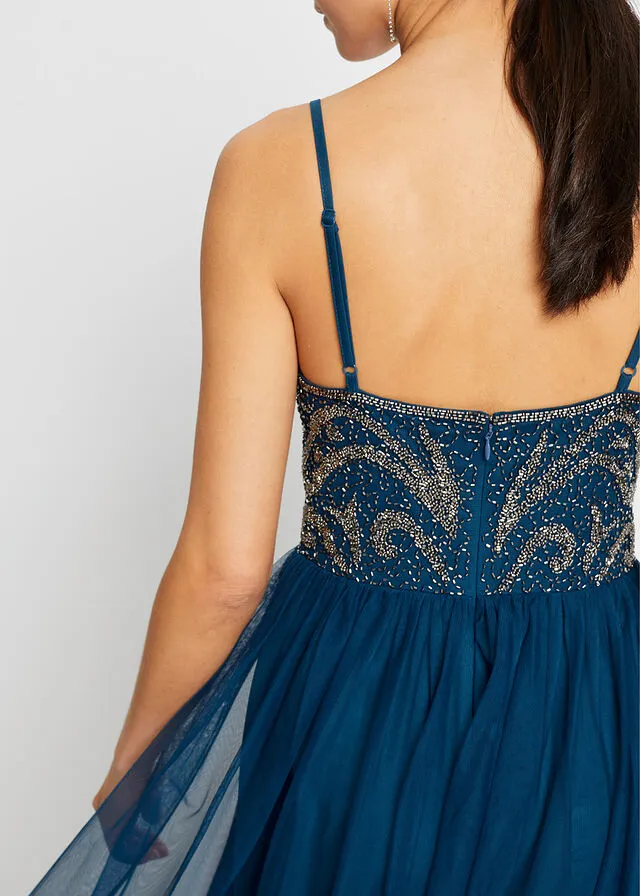 Vestido con aplicaciones de perlas Azul petróleo