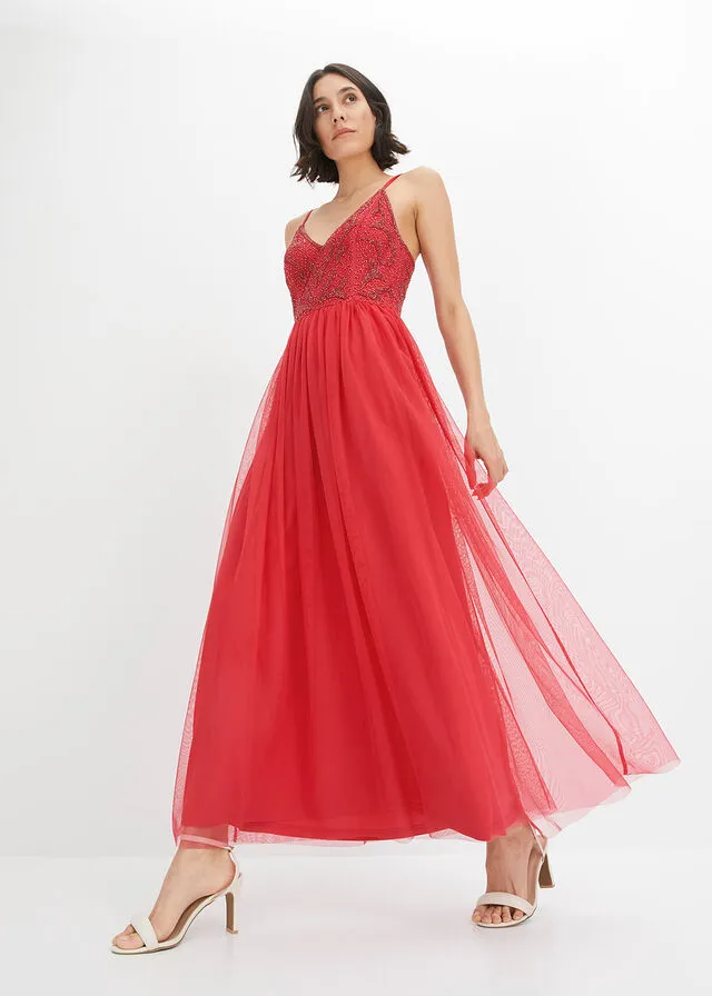 Vestido con aplicaciones de perlas Magenta