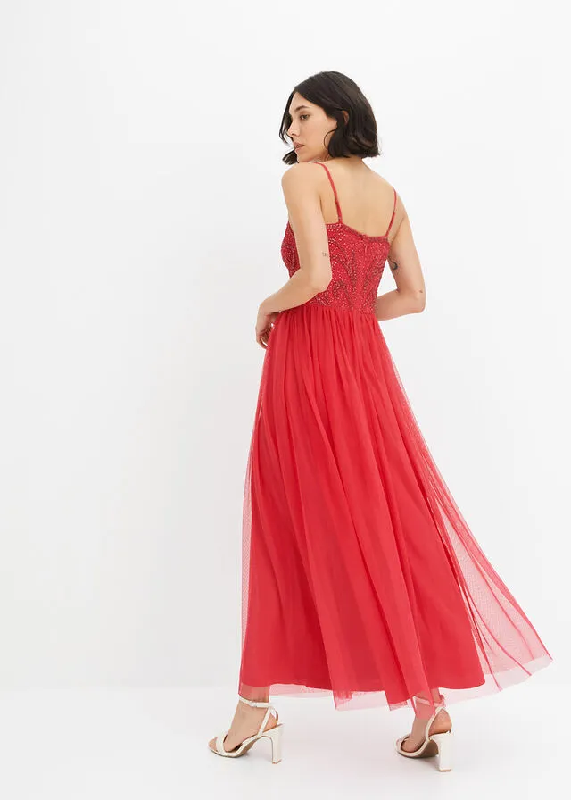 Vestido con aplicaciones de perlas Magenta