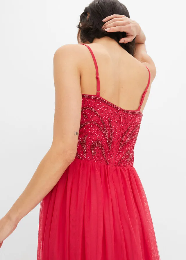 Vestido con aplicaciones de perlas Magenta