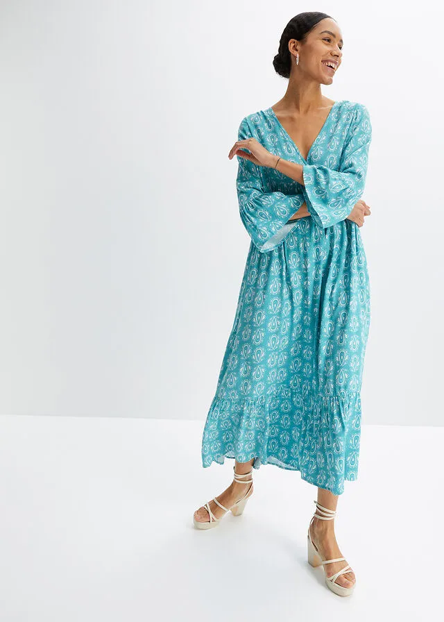 Vestido con aspecto de craftán Azul-turquesa estampado