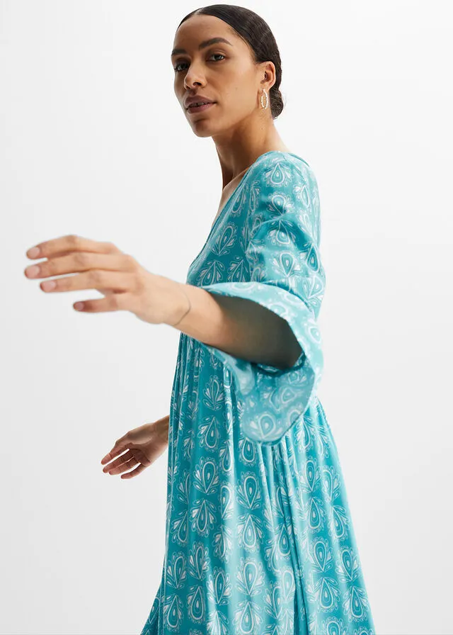 Vestido con aspecto de craftán Azul-turquesa estampado