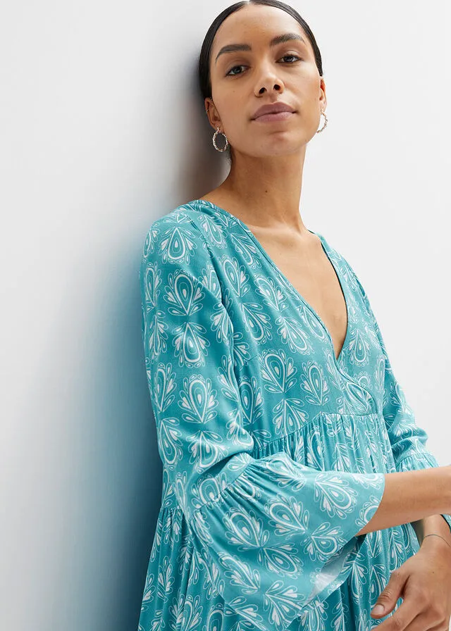 Vestido con aspecto de craftán Azul-turquesa estampado