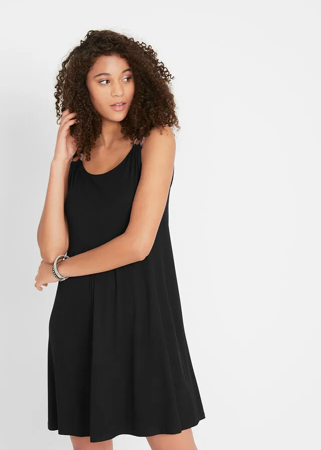 Vestido corto de punto con detalle en los tirantes Negro